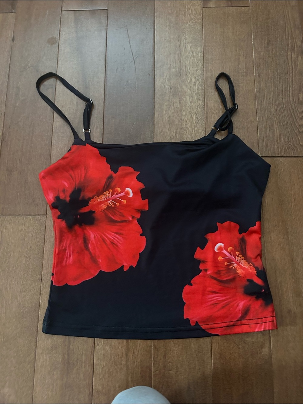Black Floral Cami Tank Top with Red Hibiscus